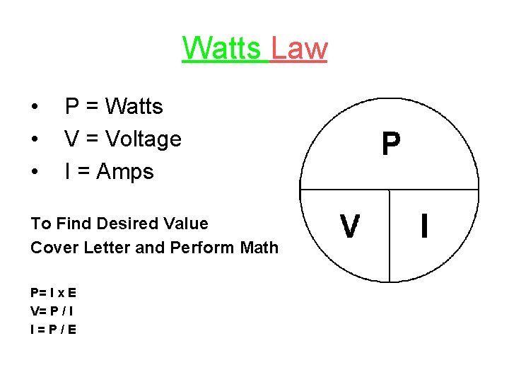 Watts Law • • • P = Watts V = Voltage I = Amps