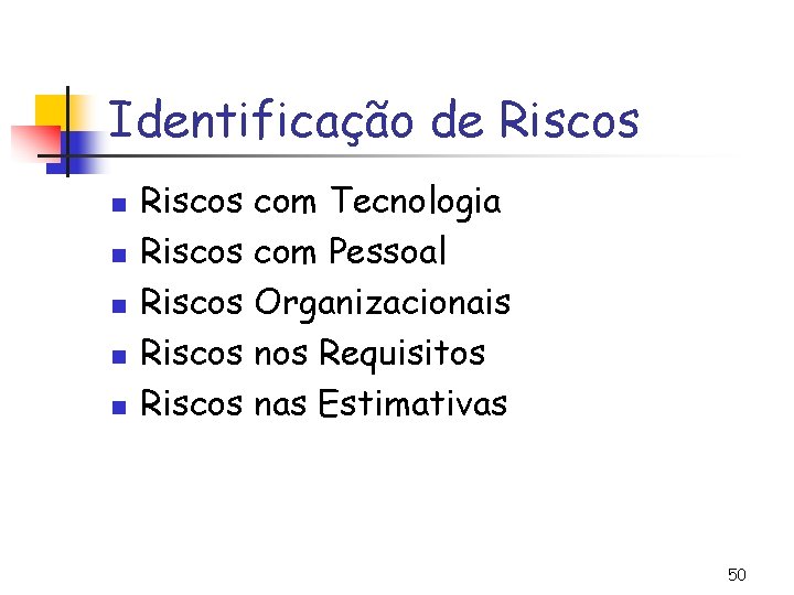 Identificação de Riscos n n n Riscos com Tecnologia Riscos com Pessoal Riscos Organizacionais