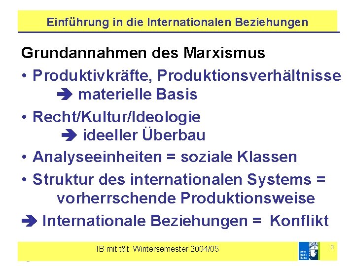 Einführung in die Internationalen Beziehungen Grundannahmen des Marxismus • Produktivkräfte, Produktionsverhältnisse materielle Basis •