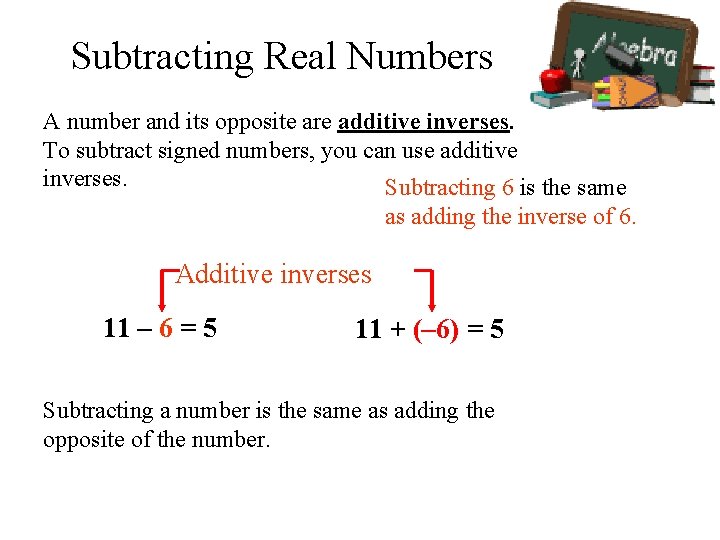 Subtracting Real Numbers A number and its opposite are additive inverses. To subtract signed