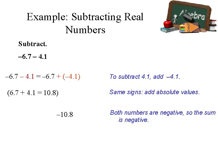 Example: Subtracting Real Numbers Subtract. – 6. 7 – 4. 1 = – 6.