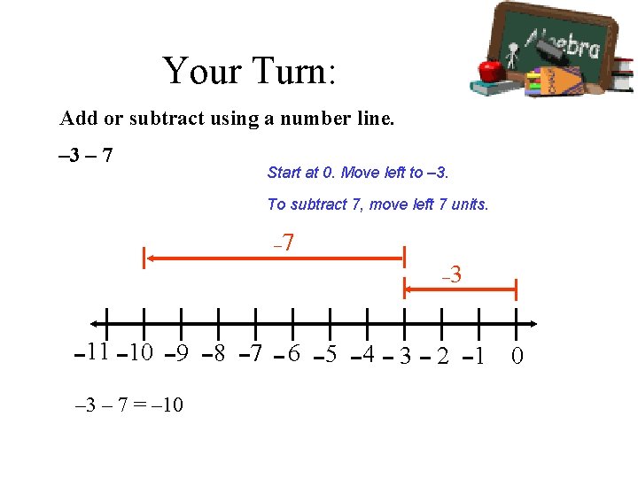 Your Turn: Add or subtract using a number line. – 3 – 7 Start