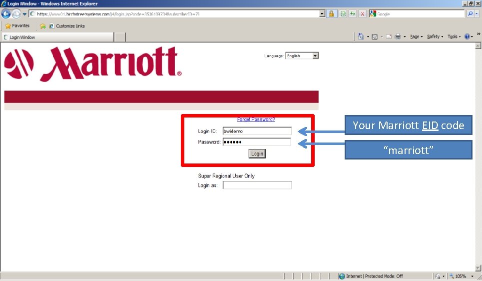 Your Marriott EID code “marriott” 