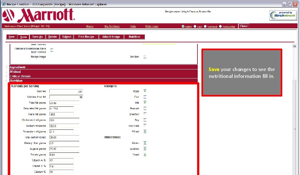 Save your changes to see the nutritional information fill in. 