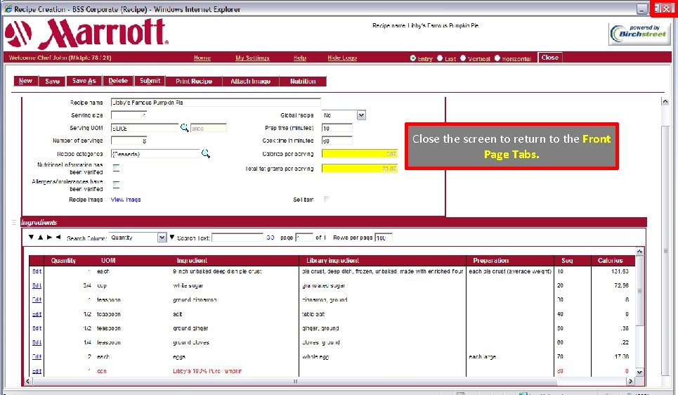 Close the screen to return to the Front Page Tabs. 