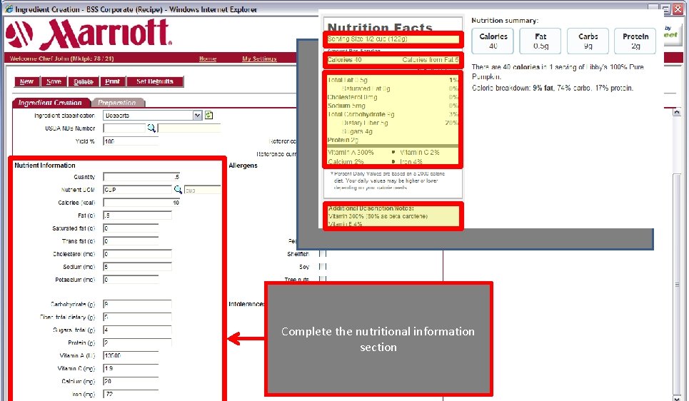 Complete the nutritional information section 