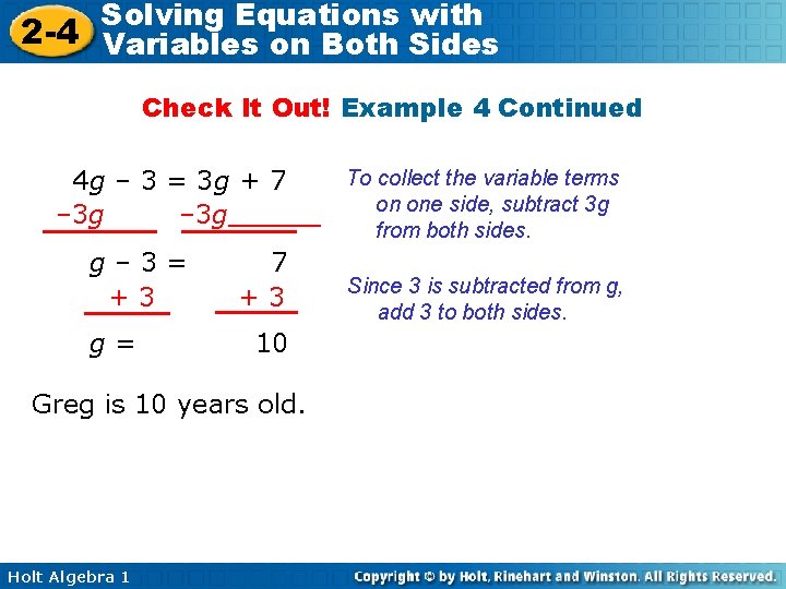 Solving Equations with 2 -4 Variables on Both Sides Check It Out! Example 4