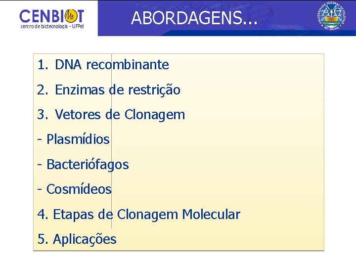 ABORDAGENS. . . 1. DNA recombinante 2. Enzimas de restrição 3. Vetores de Clonagem