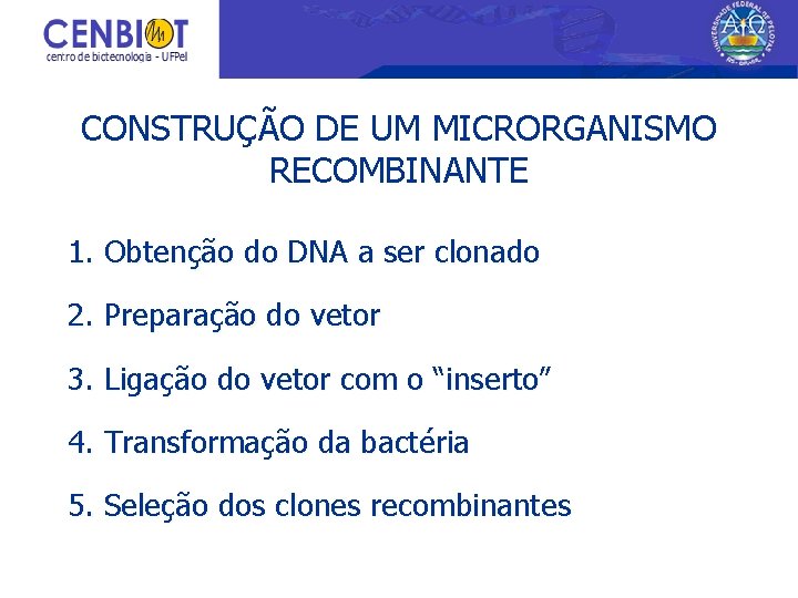 CONSTRUÇÃO DE UM MICRORGANISMO RECOMBINANTE 1. Obtenção do DNA a ser clonado 2. Preparação