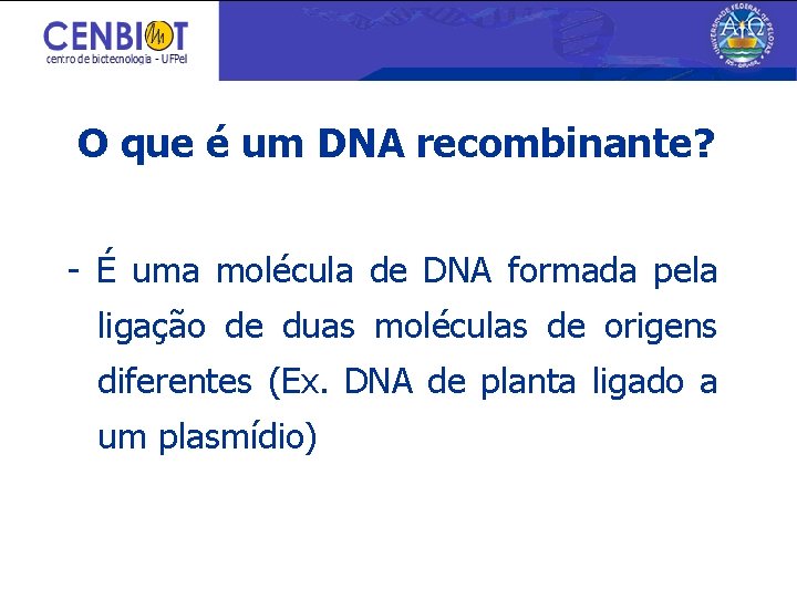 O que é um DNA recombinante? - É uma molécula de DNA formada pela