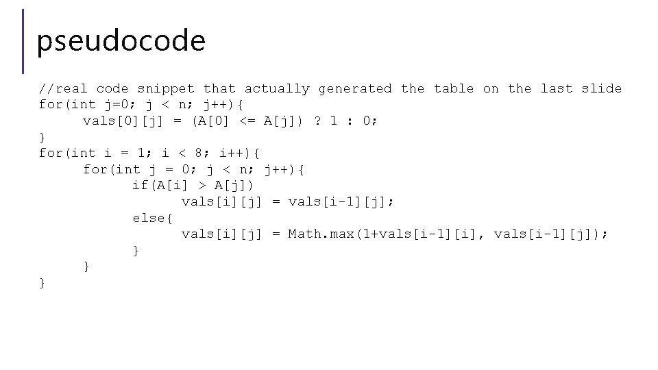 pseudocode //real code snippet that actually generated the table on the last slide for(int