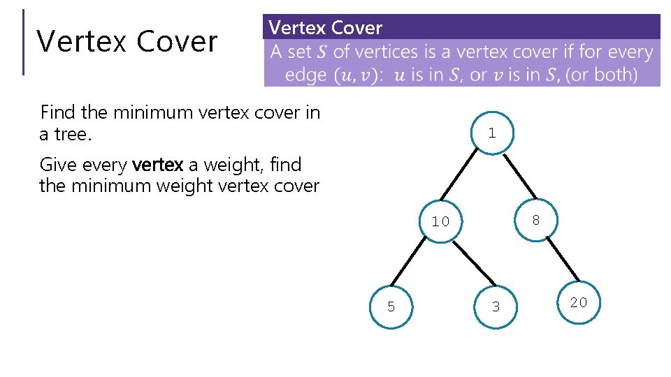 Vertex Cover Find the minimum vertex cover in a tree. 1 Give every vertex