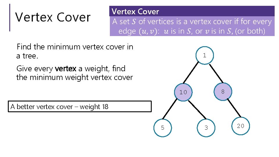 Vertex Cover Find the minimum vertex cover in a tree. 1 Give every vertex