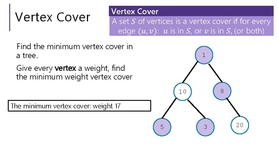 Vertex Cover Find the minimum vertex cover in a tree. 1 Give every vertex