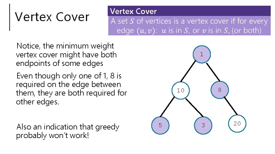 Vertex Cover Notice, the minimum weight vertex cover might have both endpoints of some