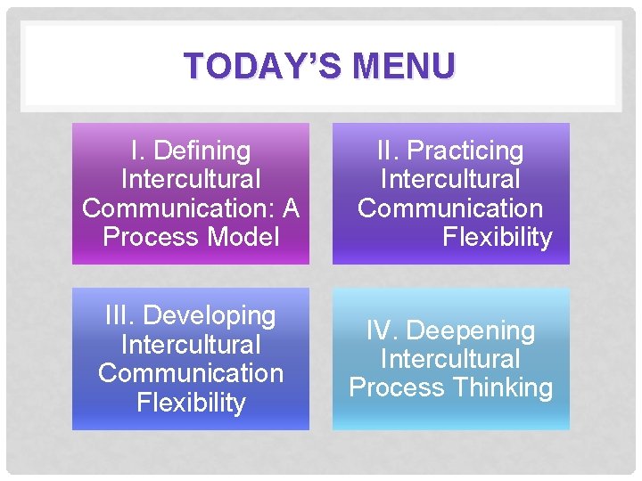 TODAY’S MENU I. Defining Intercultural Communication: A Process Model II. Practicing Intercultural Communication Flexibility