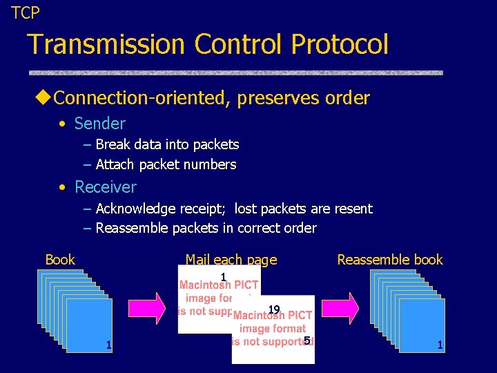 TCP Transmission Control Protocol u. Connection-oriented, preserves order • Sender – Break data into