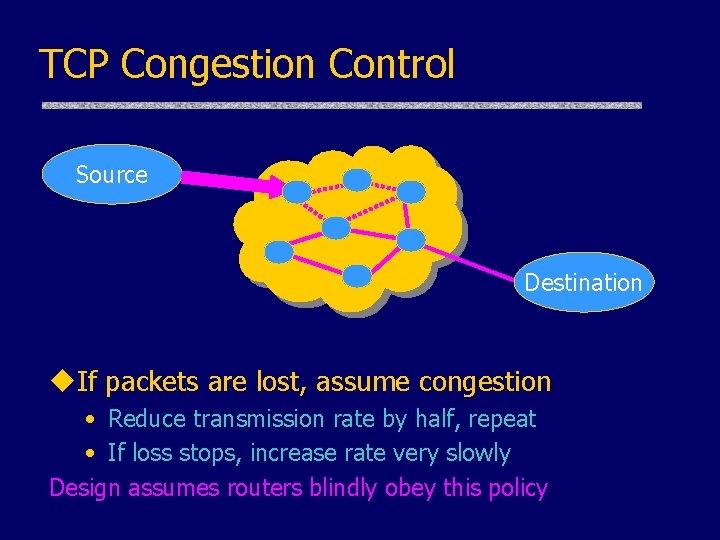 TCP Congestion Control Source Destination u. If packets are lost, assume congestion • Reduce