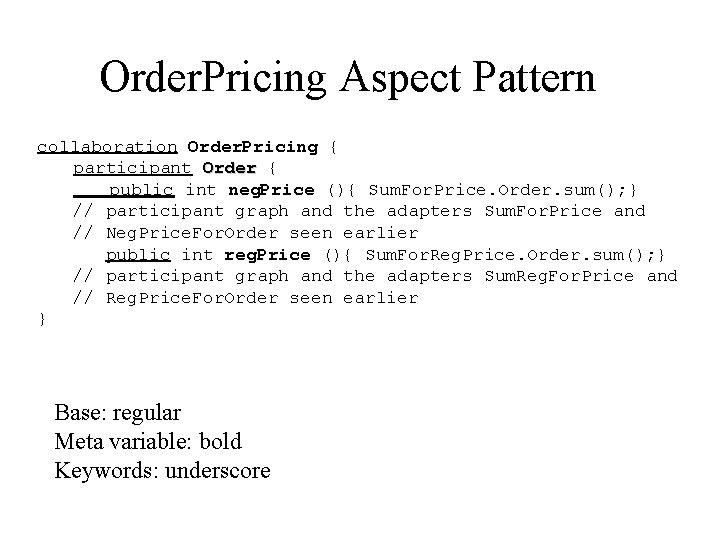 Order. Pricing Aspect Pattern collaboration Order. Pricing { participant Order { public int neg.