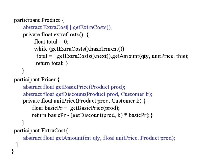 participant Product { abstract Extra. Cost[] get. Extra. Costs(); private float extra. Costs() {