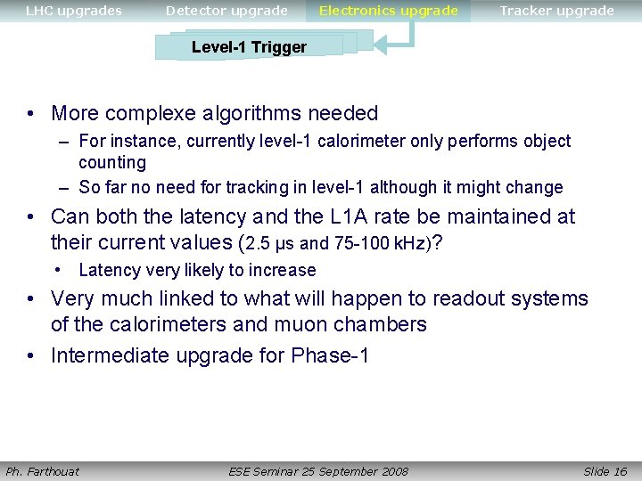 LHC upgrades Detector upgrade Electronics upgrade Tracker upgrade Level-1 Trigger • More complexe algorithms