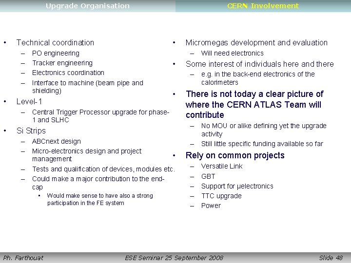 Upgrade Organisation • • • Technical coordination – – CERN Involvement PO engineering Tracker