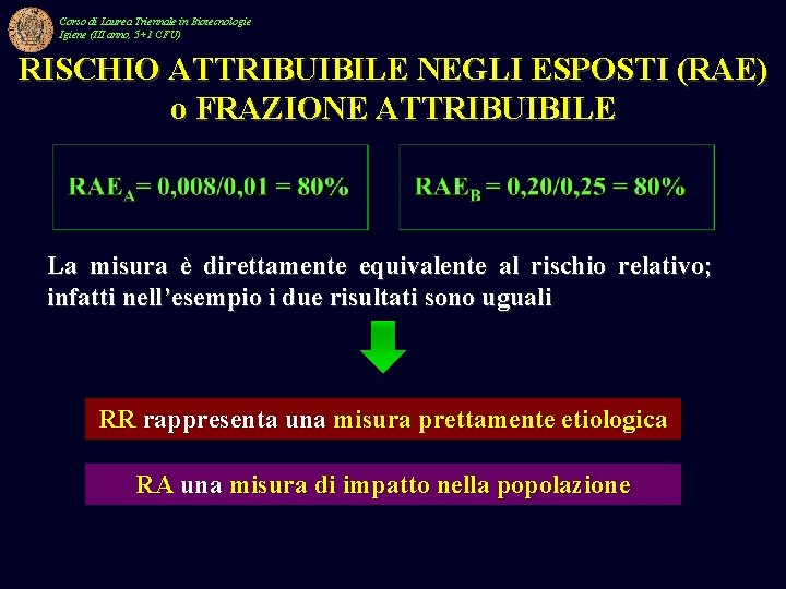 Corso di Laurea Triennale in Biotecnologie Igiene (III anno, 5+1 CFU) RISCHIO ATTRIBUIBILE NEGLI