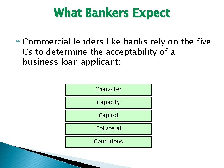 What Bankers Expect Commercial lenders like banks rely on the five Cs to determine