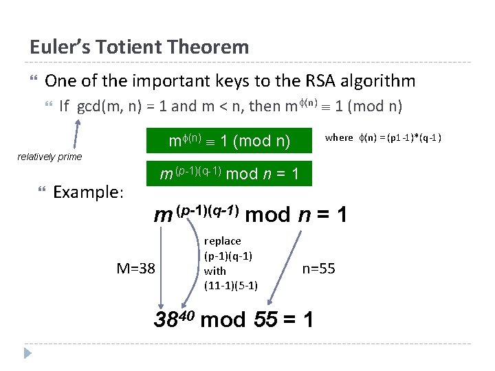 Euler’s Totient Theorem One of the important keys to the RSA algorithm If gcd(m,