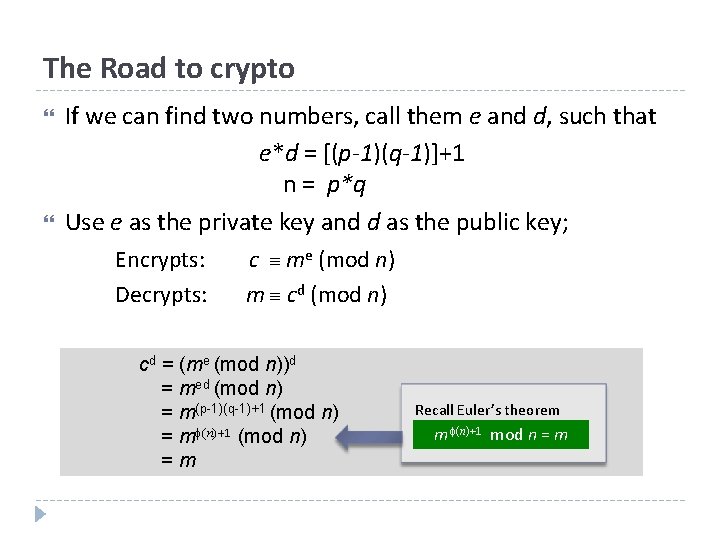 The Road to crypto If we can find two numbers, call them e and