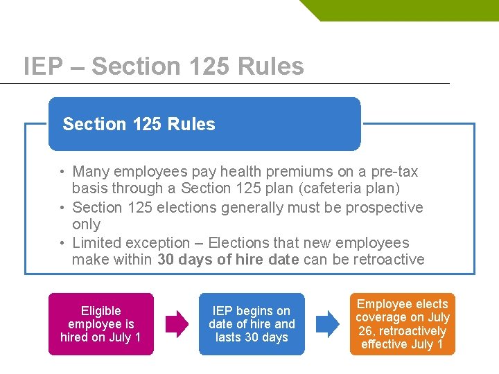 IEP – Section 125 Rules • Many employees pay health premiums on a pre-tax
