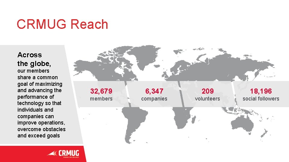 CRMUG Reach Across the globe, our members share a common goal of maximizing and