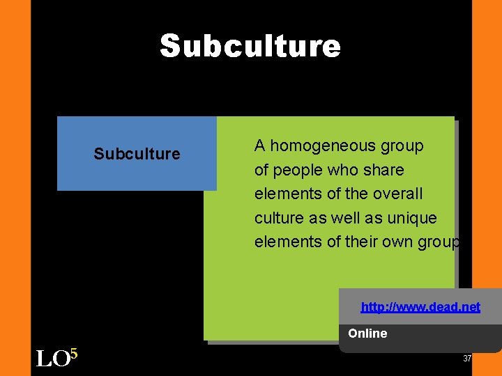 Subculture A homogeneous group of people who share elements of the overall culture as