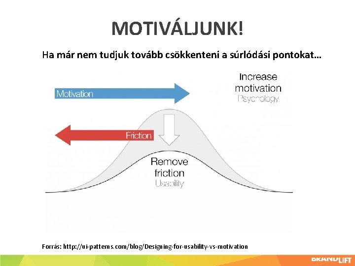 MOTIVÁLJUNK! Ha már nem tudjuk tovább csökkenteni a súrlódási pontokat… Forrás: http: //ui-patterns. com/blog/Designing-for-usability-vs-motivation