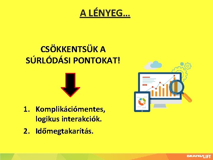 A LÉNYEG… CSÖKKENTSÜK A SÚRLÓDÁSI PONTOKAT! 1. Komplikációmentes, logikus interakciók. 2. Időmegtakarítás. 