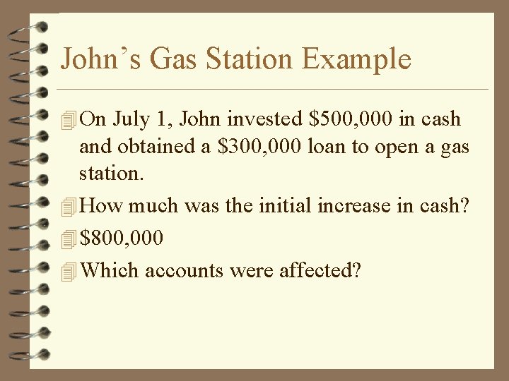 John’s Gas Station Example 4 On July 1, John invested $500, 000 in cash