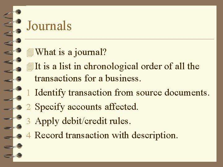 Journals 4 What is a journal? 4 It is a list in chronological order