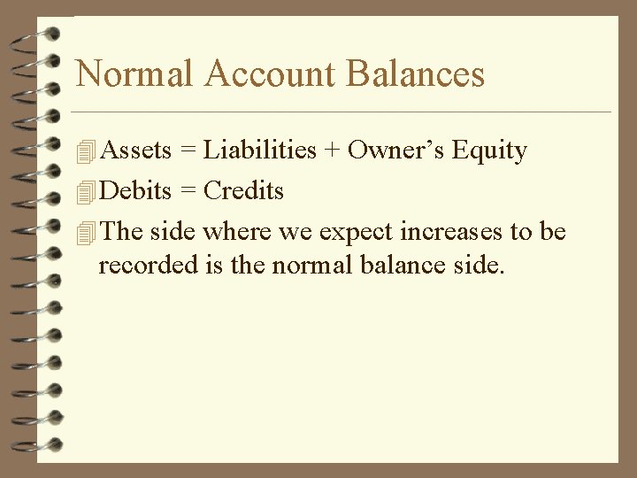 Normal Account Balances 4 Assets = Liabilities + Owner’s Equity 4 Debits = Credits