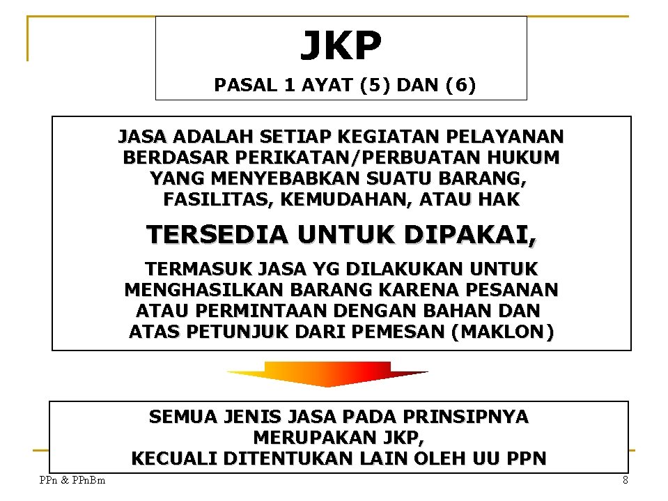 JKP PASAL 1 AYAT (5) DAN (6) JASA ADALAH SETIAP KEGIATAN PELAYANAN BERDASAR PERIKATAN/PERBUATAN