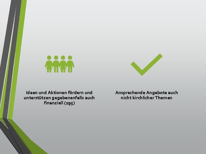 Ideen und Aktionen fördern und unterstützen gegebenenfalls auch finanziell (295) Ansprechende Angebote auch nicht