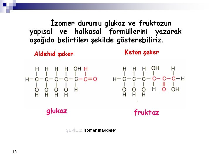 İzomer durumu glukoz ve fruktozun yapısal ve halkasal formüllerini yazarak aşağıda belirtilen şekilde gösterebiliriz.