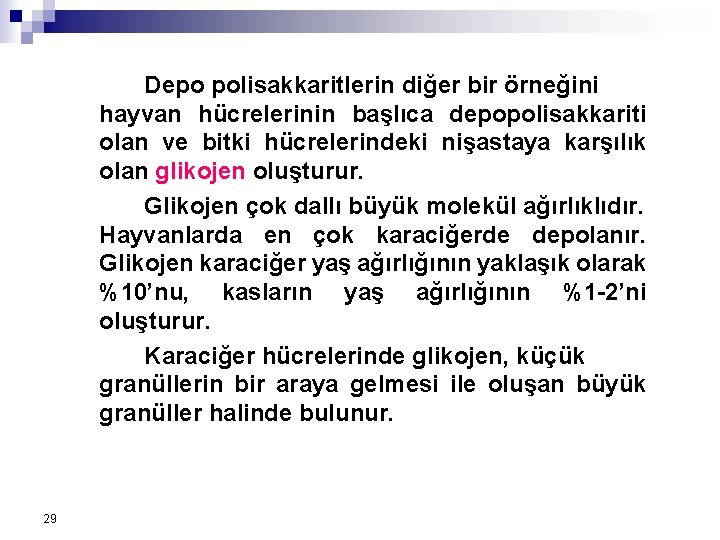 Depo polisakkaritlerin diğer bir örneğini hayvan hücrelerinin başlıca depopolisakkariti olan ve bitki hücrelerindeki nişastaya