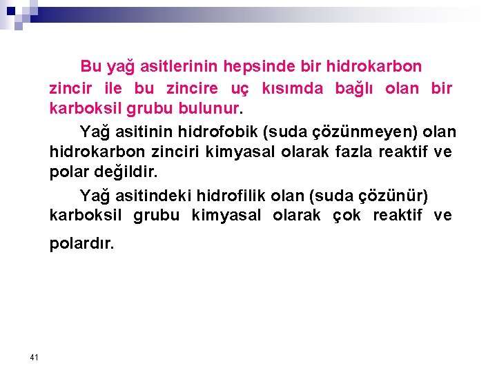 Bu yağ asitlerinin hepsinde bir hidrokarbon zincir ile bu zincire uç kısımda bağlı olan