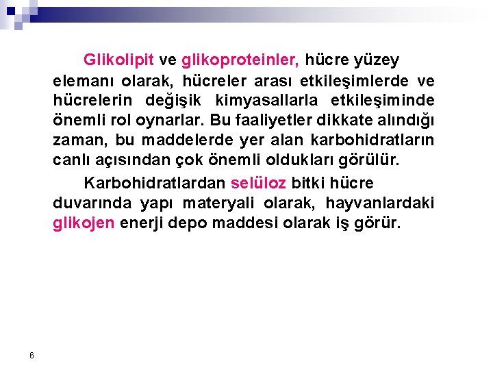 Glikolipit ve glikoproteinler, hücre yüzey elemanı olarak, hücreler arası etkileşimlerde ve hücrelerin değişik kimyasallarla