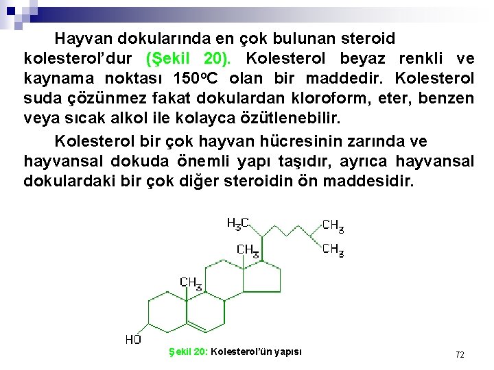 Hayvan dokularında en çok bulunan steroid kolesterol’dur (Şekil 20). Kolesterol beyaz renkli ve kaynama