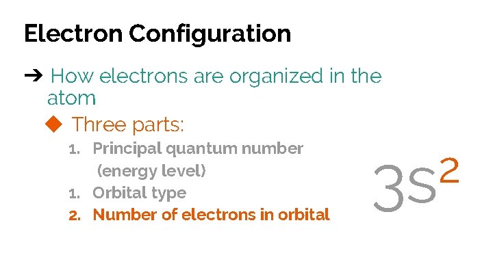 Electron Configuration ➔ How electrons are organized in the atom ◆ Three parts: 1.