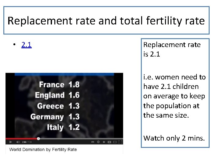 Replacement rate and total fertility rate • 2. 1 Replacement rate is 2. 1
