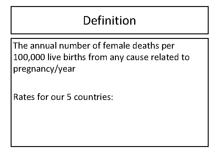 Definition The annual number of female deaths per 100, 000 live births from any