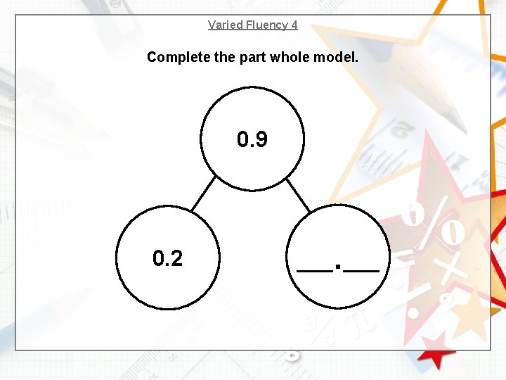 Varied Fluency 4 Complete the part whole model. 0. 9 0. 2 . 