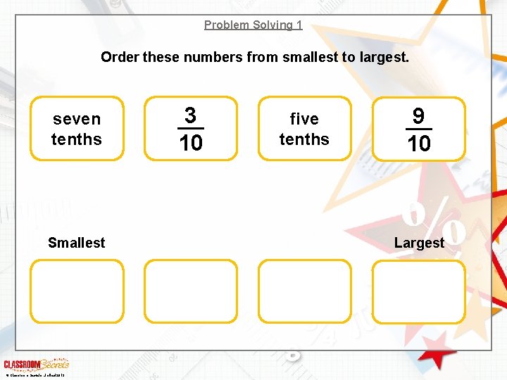 Problem Solving 1 Order these numbers from smallest to largest. seven tenths Smallest ©